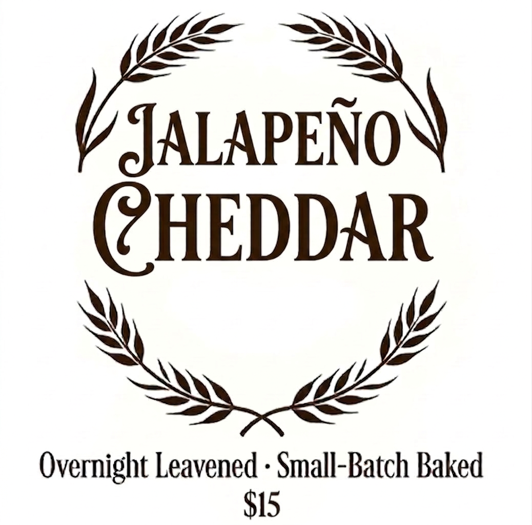 Jalapeño Cheddar Sourdough boule loaf. 
Cost $15.00