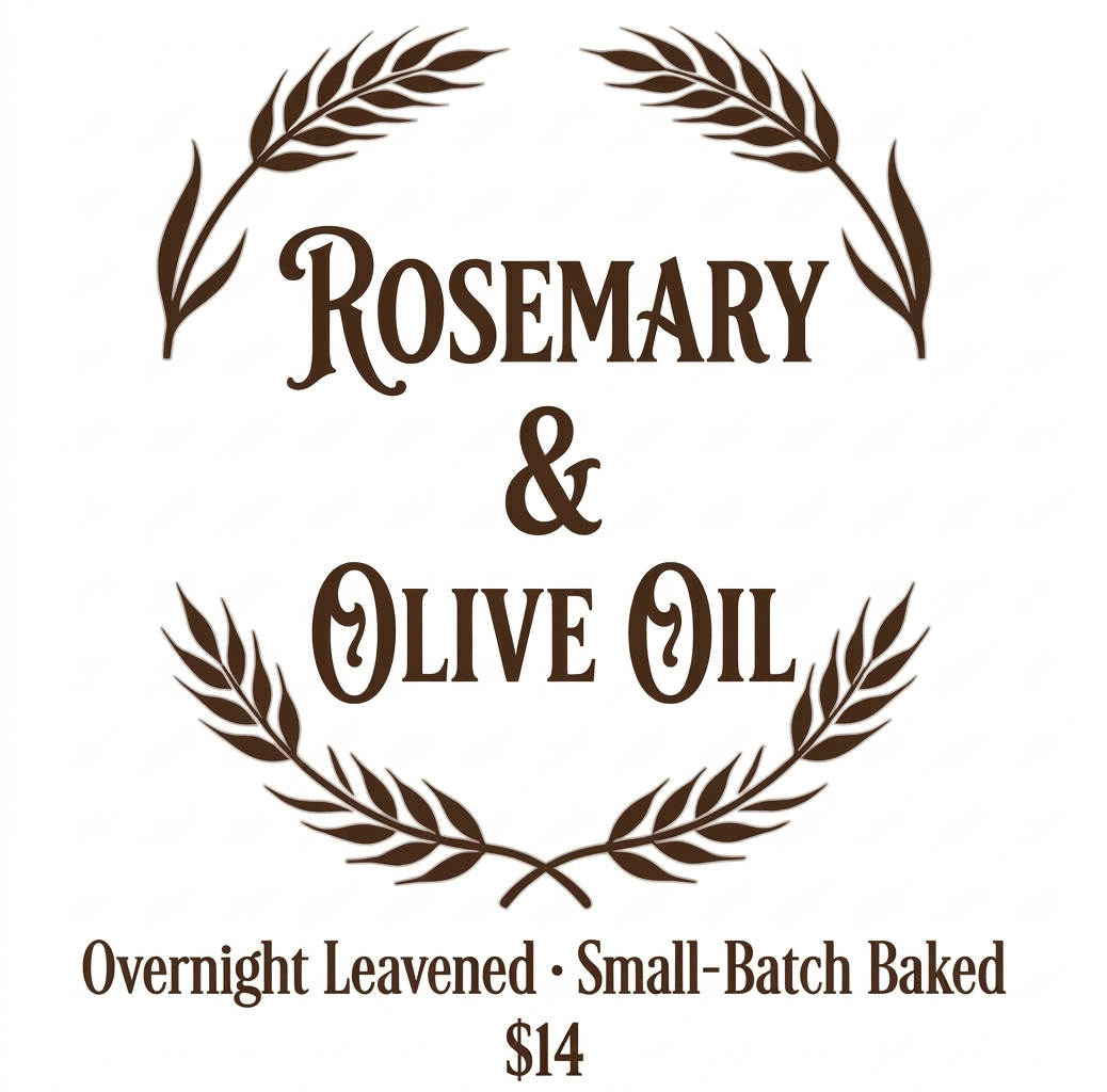 Rosemary and Olive Oil Sourdough  boule loaf. 
$14.00
